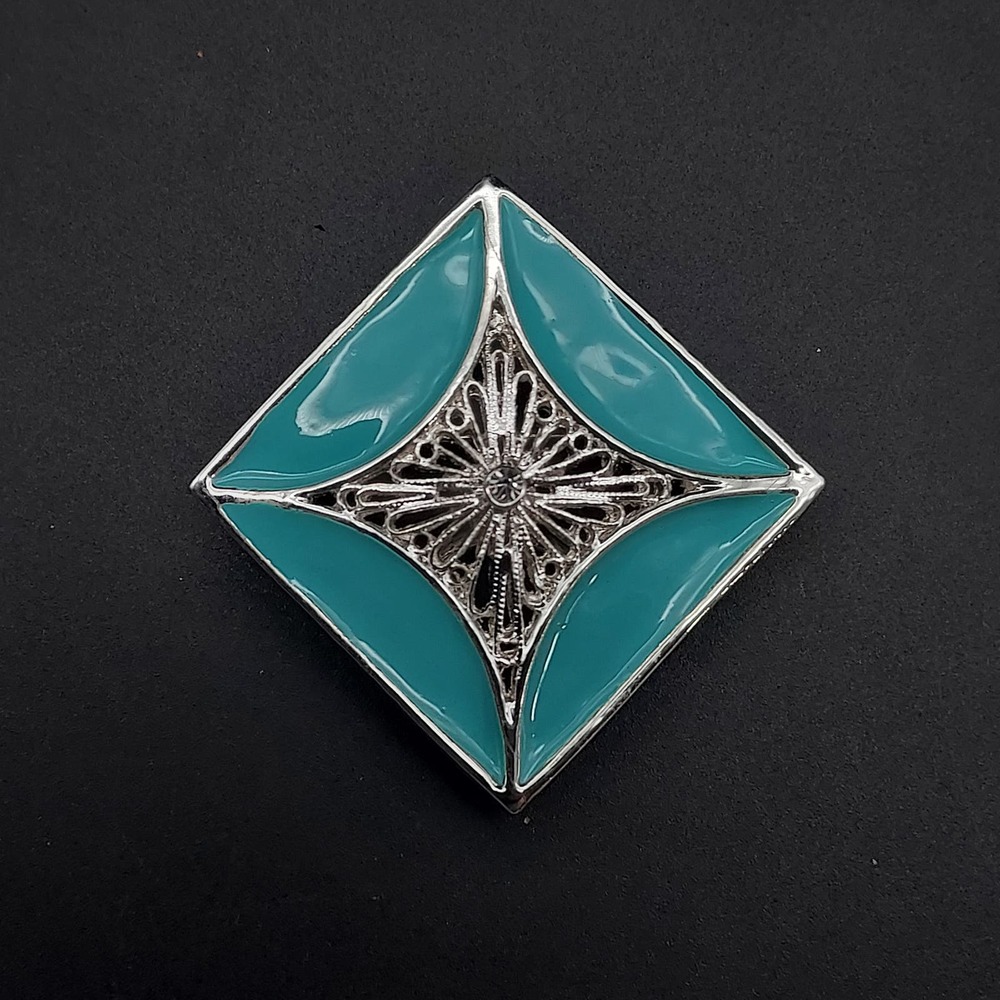 Teal Blue Enamel Silver Tone Brooch Vintage Signed NOS Costume Jewelry